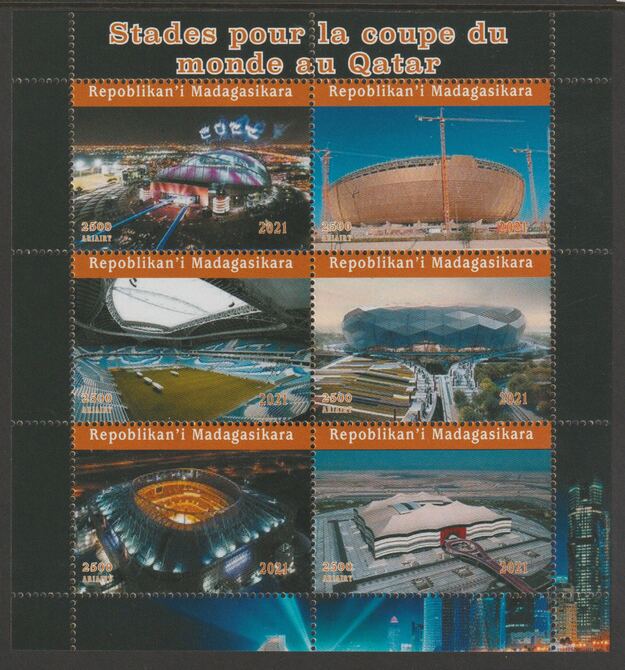 Madagascar 2022 Qatar Football World Cup Stadia #2  perf sheetlet containing  set of 6 values unmounted mint, privately produced offered purely on its thematic appeal, stamps on football, stamps on stadia