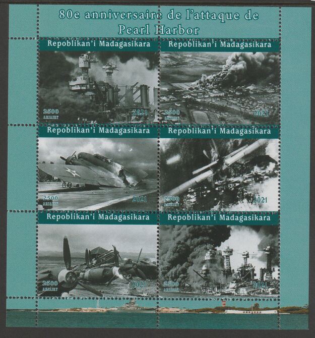 Madagascar 2021 80th Anniversary of Attack of Pearl Harbor perf sheetlet containing  set of 6 values unmounted mint, privately produced offered purely on its thematic appeal, stamps on aviation, stamps on ships, stamps on  ww2 , stamps on , stamps on americana