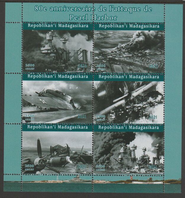 Madagascar 2021 80th Anniversary of Attack of Pearl Harbor perf sheetlet containing  set of 6 values unmounted mint, privately produced offered purely on its thematic app..., stamps on aviation, stamps on ships, stamps on  ww2 , stamps on , stamps on americana