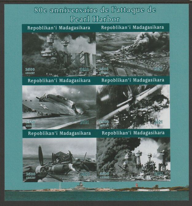 Madagascar 2021 80th Anniversary of Attack of Pearl Harbor imperf sheetlet containing  set of 6 values unmounted mint, privately produced offered purely on its thematic appeal, stamps on , stamps on  stamps on aviation, stamps on  stamps on ships, stamps on  stamps on  ww2 , stamps on  stamps on , stamps on  stamps on americana