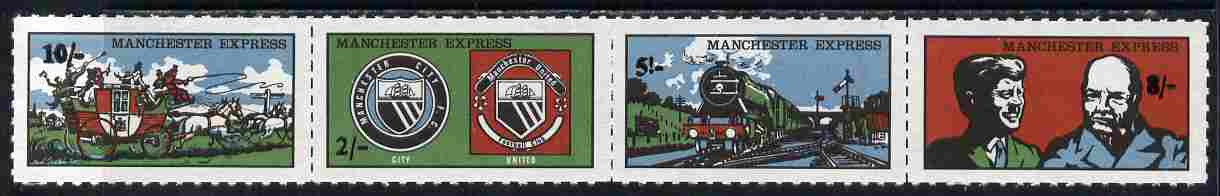 Cinderella - Manchester Express 1971 se-tenant rouletted strip of 4 values in \A3sd (Sterling) on ungummed paper, stamps on cinderella, stamps on coaches, stamps on postal, stamps on football, stamps on railways, stamps on personalities, stamps on kennedy, stamps on usa presidents, stamps on americana, stamps on churchill, stamps on constitutions, stamps on  ww2 , stamps on masonry, stamps on masonics, stamps on 
