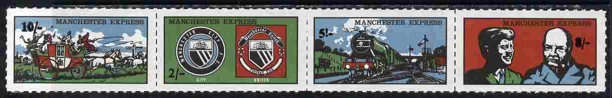 Cinderella - Manchester Express 1971 se-tenant rouletted strip of 4 values in A3sd (Sterling) on ungummed paper, stamps on , stamps on  stamps on cinderella, stamps on  stamps on coaches, stamps on  stamps on postal, stamps on  stamps on football, stamps on  stamps on railways, stamps on  stamps on personalities, stamps on  stamps on kennedy, stamps on  stamps on usa presidents, stamps on  stamps on americana, stamps on  stamps on churchill, stamps on  stamps on constitutions, stamps on  stamps on  ww2 , stamps on  stamps on masonry, stamps on  stamps on masonics, stamps on  stamps on 