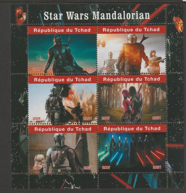 Chad 2021 Star Wars - Mandalorian perf sheetlet containing  set of 6 values unmounted mint, privately produced offered purely on its thematic appeal, stamps on movies, stamps on , stamps on films, stamps on cinema, stamps on sci-fi