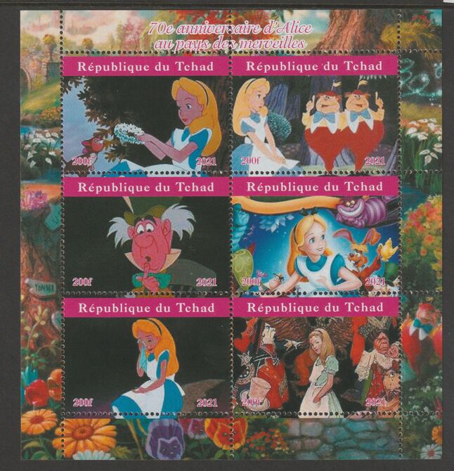 Chad 2021 Alice in Wonderland - 70th Anniversary perf sheetlet containing  set of 6 values unmounted mint, privately produced offered purely on its thematic appeal, stamps on movies, stamps on , stamps on films, stamps on cinema, stamps on disney, stamps on cartoons