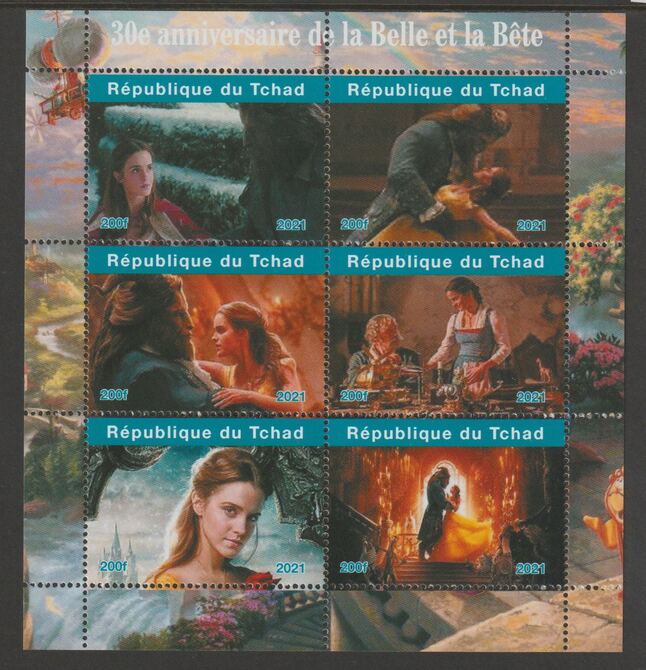 Chad 2021 Beauty & the Beast - 30th Anniversary perf sheetlet containing  set of 6 values unmounted mint, privately produced offered purely on its thematic appeal, stamps on movies, stamps on , stamps on films, stamps on cinema, stamps on 