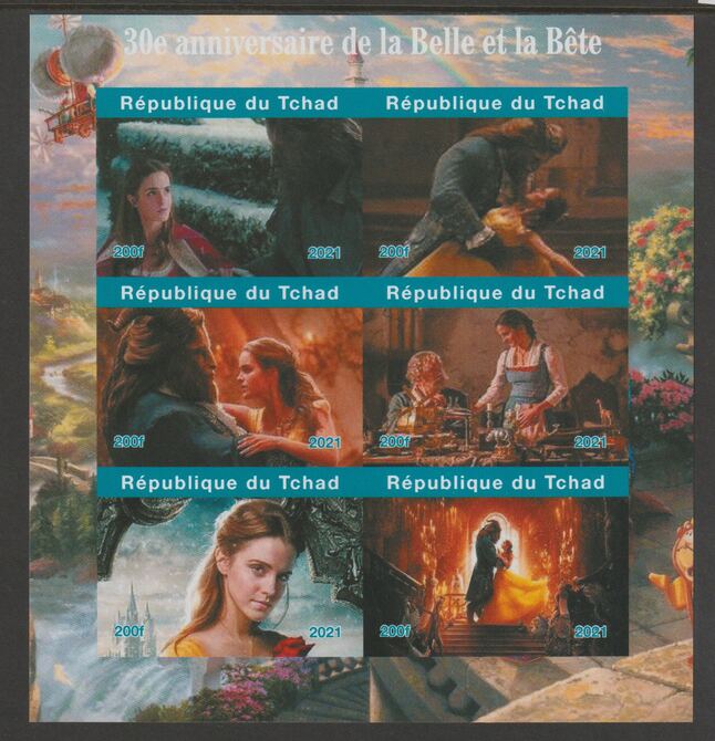 Chad 2021 Beauty & the Beast - 30th Anniversary imperf sheetlet containing  set of 6 values unmounted mint, privately produced offered purely on its thematic appeal, stamps on movies, stamps on , stamps on films, stamps on cinema, stamps on 