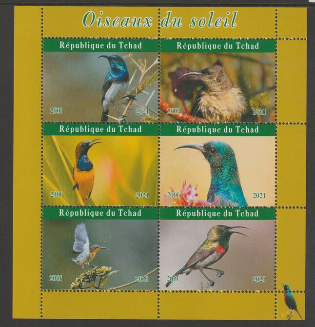 Chad 2021 Sun Birds #1 perf sheetlet containing  set of 6 values unmounted mint, privately produced offered purely on its thematic appeal, stamps on , stamps on  stamps on birds, stamps on  stamps on sunbirds