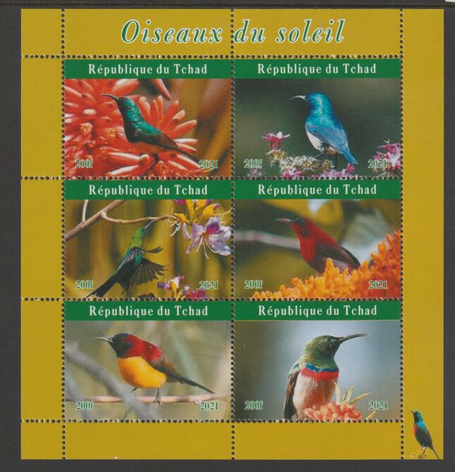 Chad 2021 Sun Birds #2 perf sheetlet containing  set of 6 values unmounted mint, privately produced offered purely on its thematic appeal, stamps on , stamps on  stamps on birds, stamps on  stamps on sunbirds