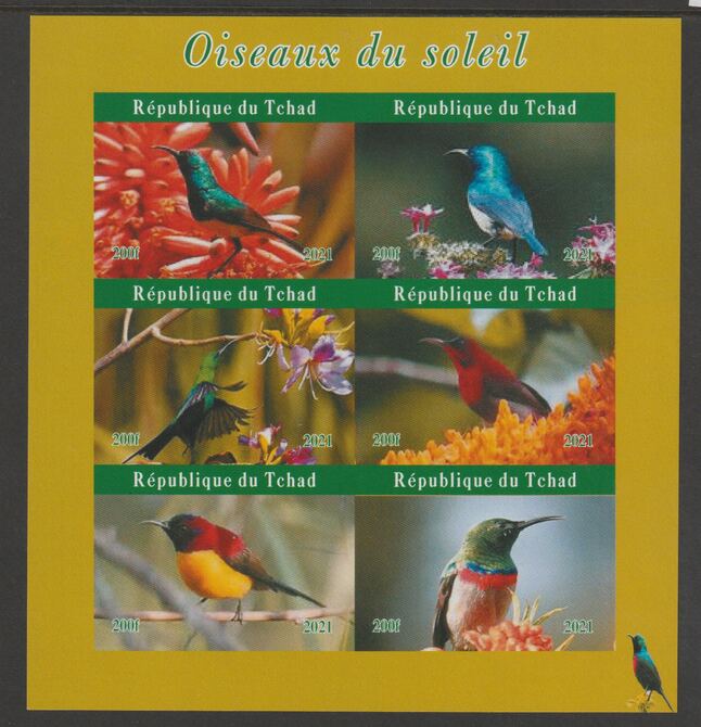Chad 2021 Sun Birds #2 imperf sheetlet containing  set of 6 values unmounted mint, privately produced offered purely on its thematic appeal, stamps on , stamps on  stamps on birds, stamps on  stamps on sunbirds