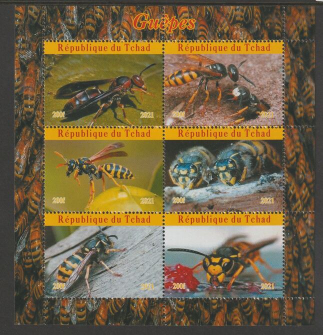Chad 2021 Wasps perf sheetlet containing  set of 6 values unmounted mint, privately produced offered purely on its thematic appeal, stamps on insects, stamps on wasps