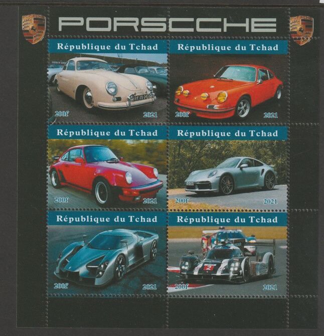 Chad 2021 Porsche Cars perf sheetlet containing  set of 6 values unmounted mint, privately produced offered purely on its thematic appeal, stamps on , stamps on  stamps on transport, stamps on  stamps on cars, stamps on  stamps on porsche, stamps on  stamps on  f1 , stamps on  stamps on formula 1, stamps on  stamps on 