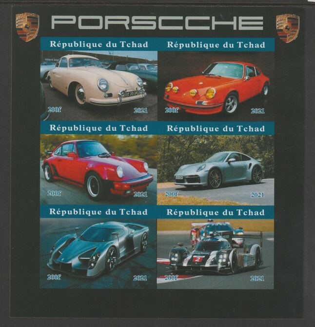 Chad 2021 Porsche Cars imperf sheetlet containing  set of 6 values unmounted mint, privately produced offered purely on its thematic appeal, stamps on , stamps on  stamps on transport, stamps on  stamps on cars, stamps on  stamps on porsche, stamps on  stamps on  f1 , stamps on  stamps on formula 1, stamps on  stamps on 