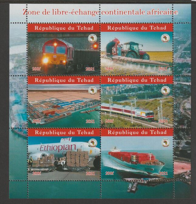 Chad 2021 Africa Free Trade perf sheetlet containing  set of 6 values unmounted mint, privately produced offered purely on its thematic appeal, stamps on transport, stamps on railways, stamps on aviation.ships, stamps on farming