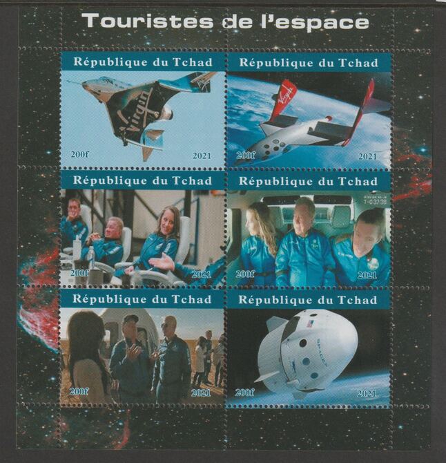 Chad 2021 Tourism in Space perf sheetlet containing  set of 6 values unmounted mint, privately produced offered purely on its thematic appeal, stamps on transport, stamps on space