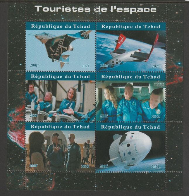 Chad 2021 Tourism in Space perf sheetlet containing  set of 6 values unmounted mint, privately produced offered purely on its thematic appeal, stamps on , stamps on  stamps on transport, stamps on  stamps on space