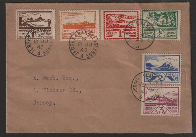 Jersey 1943-44 Occupation set of 6 on single cover with the three first day cancels SG 3-8, stamps on , stamps on  stamps on castles, stamps on  stamps on lighthouses, stamps on  stamps on  ww2 , stamps on  stamps on 