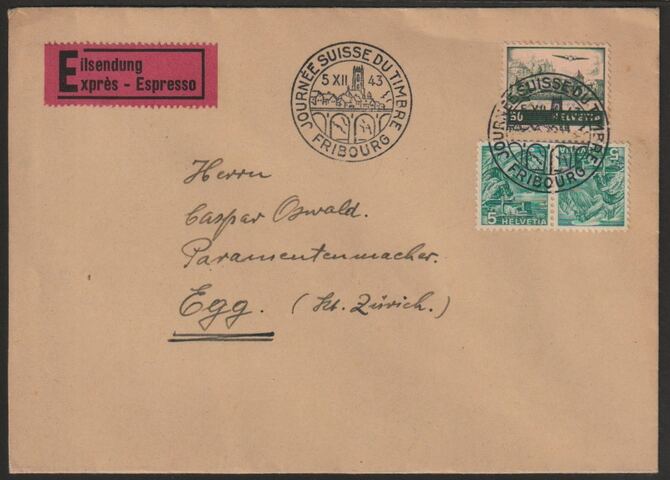 Switzerland 1943 Express cover bearing 50c Air plus 5c Landscapes tete-beche pair with special Fribourg Stamp Day cancels, stamps on , stamps on  stamps on postal, stamps on  stamps on tete-beche, stamps on  stamps on 