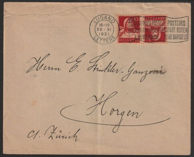 Switzerland 1921 cover bearing William Tell 10c red on buff tete-beche pair with fine Lugano slogan cancel, stamps on archery, stamps on tete-beche, stamps on 