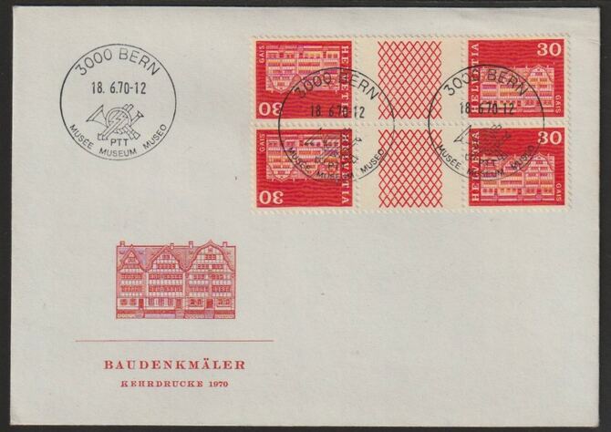 Switzerland 1970 cover bearing Architectural Monuments 30c tete-beche block of 4 with Bern Museum cancel, stamps on , stamps on  stamps on monuments, stamps on  stamps on tete-beche, stamps on  stamps on 