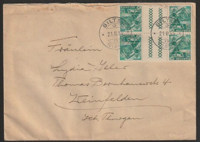 Switzerland 1955 (?) cover bearing  5c Landscapes tete-beche block of 4 with Bilten cancels, stamps on tete-beche, stamps on 