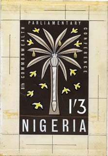 Nigeria 1962 Eighth Commonwealth Parliamentary Conference original hand-painted artwork (by M Goaman) of issued 1s3d value on board 4 x 6.5, stamps on 