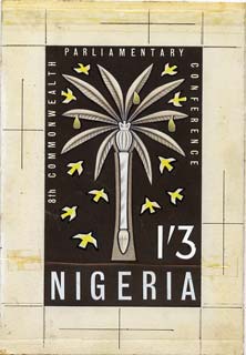 Nigeria 1962 Eighth Commonwealth Parliamentary Conference original hand-painted artwork (by M Goaman) of issued 1s3d value on board 4 x 6.5, stamps on , stamps on  stamps on nigeria 1962 eighth commonwealth parliamentary conference original hand-painted artwork (by m goaman) of issued 1s3d value on board 4 x 6.5