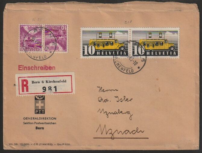 Switzerland 1941 Registeredcover bearing  10c Mobile PO x 2 plus 10c Landscapes tete-beche pair with Bern cancels, stamps on tete-beche, stamps on postal