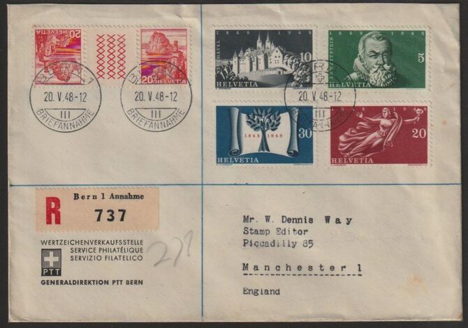 Switzerland 1948 Registered cover bearing  Centenaries set of 4 plus 20c Landscapes tete-beche pair with Bern cancels, stamps on , stamps on  stamps on tete-beche, stamps on  stamps on 