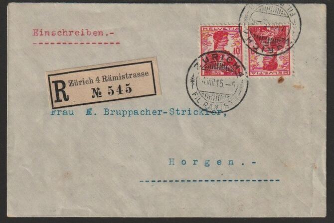 Switzerland 1915 neat Registered cover bearing  Helvetia 10c tete-beche pair with Zurich cancels, stamps on , stamps on  stamps on tete-beche, stamps on  stamps on 