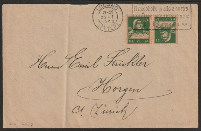 Switzerland 1923 cover bearing William Tell 10c green on buff tete-beche pair with fine Lugano slogan cancel (cover folded), stamps on , stamps on  stamps on archery, stamps on  stamps on tete-beche, stamps on  stamps on 