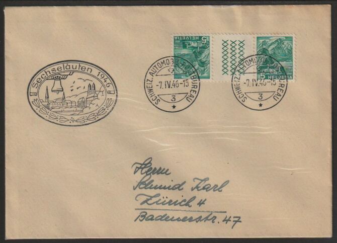 Switzerland 1946 cover bearing 5c Landscapes tete-beche pair with special Sechselauten cancel, stamps on tete-beche, stamps on 