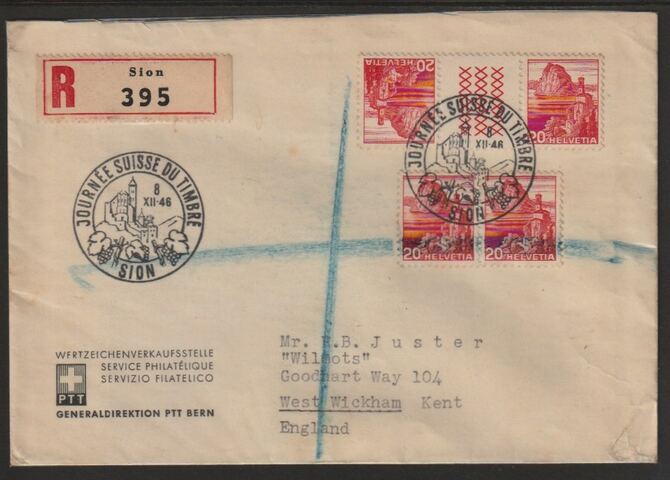 Switzerland 1946 registered cover bearing 2 x 20c Landscapes tete-beche pairs with special Stamp Day cancel, stamps on , stamps on  stamps on tete-beche, stamps on  stamps on postal