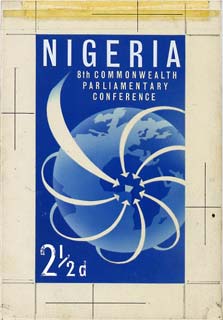 Nigeria 1962 Eighth Commonwealth Parliamentary Conference original hand-painted artwork (by M Goaman) of issued 2.5d value on board 4 x 6.5 (note SG states this value was..., stamps on 
