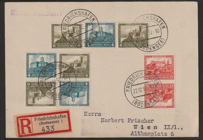Germany 1932 registered card bearing various Welfare Fund stamps incl tete-beche pairs with Friedrichshafen cancels, stamps on tete-beche, stamps on 