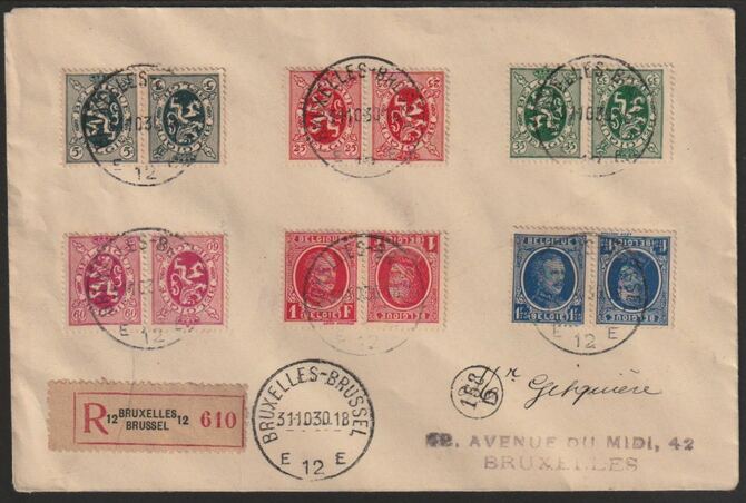Belgium 1930 registered cover bearing various Lion & King tete-beche pairs with Brussels cancels, stamps on tete-beche, stamps on lions