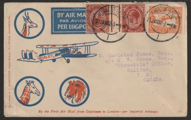 South Africa 1932 Airmail cover bearing 1s Air plus KG5 tete-beche pair with J'burg cancels, stamps on , stamps on  stamps on tete-beche, stamps on  stamps on aviation