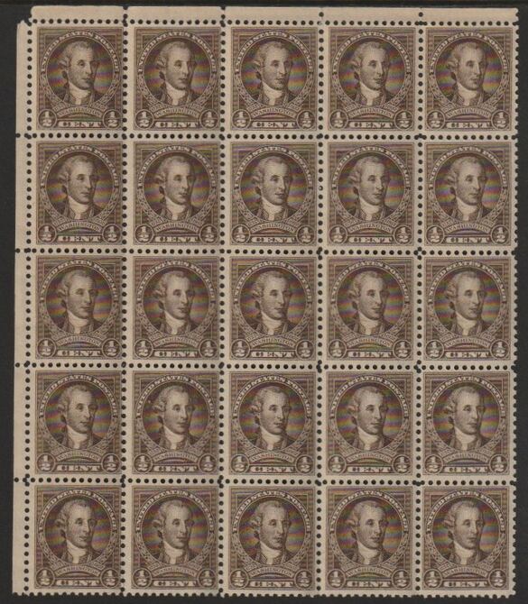 United States 1932 Washington 1/2c sepia fine unmounted mint block of 25 (5x5) SG 704, stamps on washington, stamps on usa presidents, stamps on americana, stamps on constitutions
