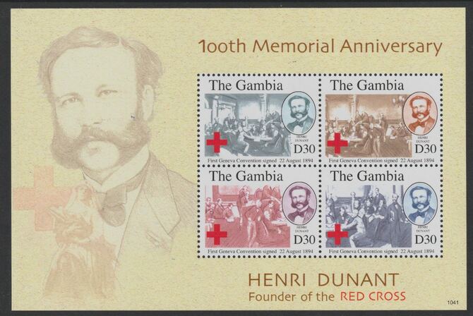 Gambia 1994 Henry Dunant & Red Cross Centenary perf souvenir sheet unmounted mint , stamps on , stamps on  stamps on red cross, stamps on  stamps on dunant
