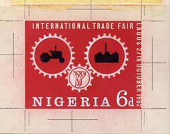 Nigeria 1962 International Trade Fair original hand-painted artwork by M Goaman & J O Gbagbeolu for issued 6d value on card 5x4 with overlay (plus issued stamp) , stamps on , stamps on  stamps on nigeria 1962 international trade fair original hand-painted artwork by m goaman & j o gbagbeolu for issued 6d value on card 5x4 with overlay (plus issued stamp) 