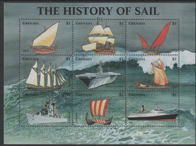 Grenada 1998 The History of Sail perf sheet containing 9 values unmounted mint , stamps on , stamps on  stamps on ships, stamps on  stamps on vikings, stamps on  stamps on flat tops, stamps on  stamps on 