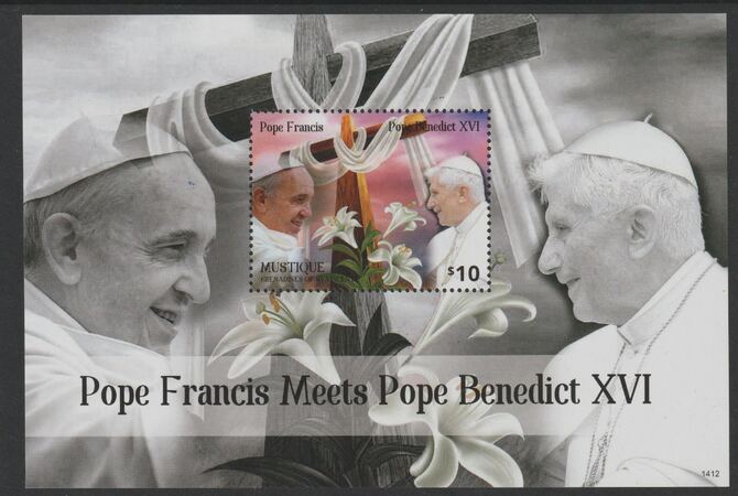 St Vincent - Mustique  2014 Pope Francis meets Pope Benedict XVI perf souvenir sheet unmounted mint , stamps on pope, stamps on benedict, stamps on francis