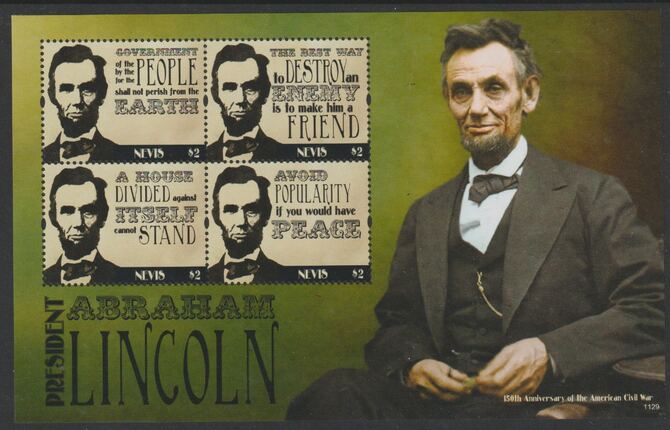Nevis 201 Abraham Lincoln perf sheet containing 4 values unmounted mint , stamps on lincoln, stamps on usa presidents, stamps on americana