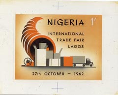 Nigeria 1962 International Trade Fair original hand-painted artwork (probably by R Hegeman) similar issued 1s value on card 5x4 plus issued stamp , stamps on , stamps on  stamps on nigeria 1962 international trade fair original hand-painted artwork (probably by r hegeman) similar issued 1s value on card 5x4 plus issued stamp 