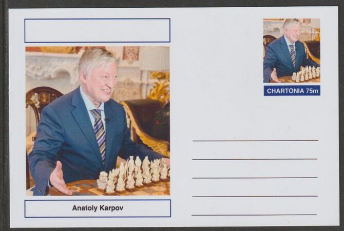 Palatine (Fantasy) Personalities - Anatoly Karpov (chess) postal stationery card unused and fine, stamps on personalities, stamps on sport, stamps on chess