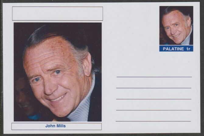 Palatine (Fantasy) Personalities - John Mills (actor) postal stationery card unused and fine, stamps on , stamps on  stamps on personalities, stamps on  stamps on films, stamps on  stamps on movies, stamps on  stamps on cinema, stamps on  stamps on 