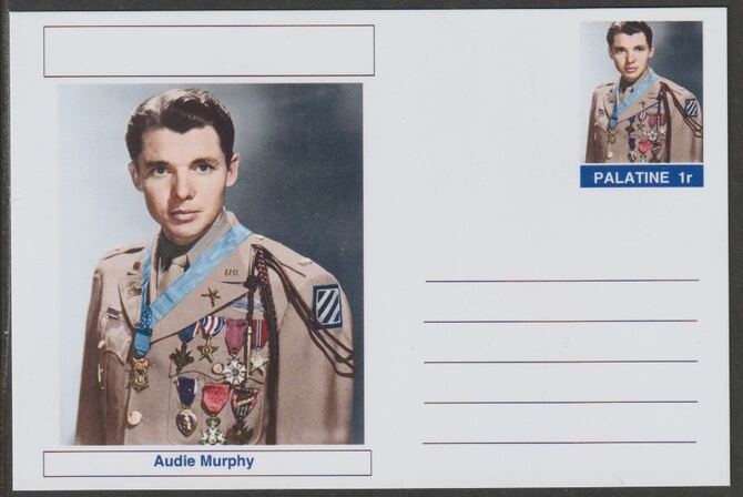 Palatine (Fantasy) Personalities - Audie Murphy (actor) postal stationery card unused and fine, stamps on , stamps on  stamps on personalities, stamps on  stamps on films, stamps on  stamps on movies, stamps on  stamps on cinema, stamps on  stamps on 