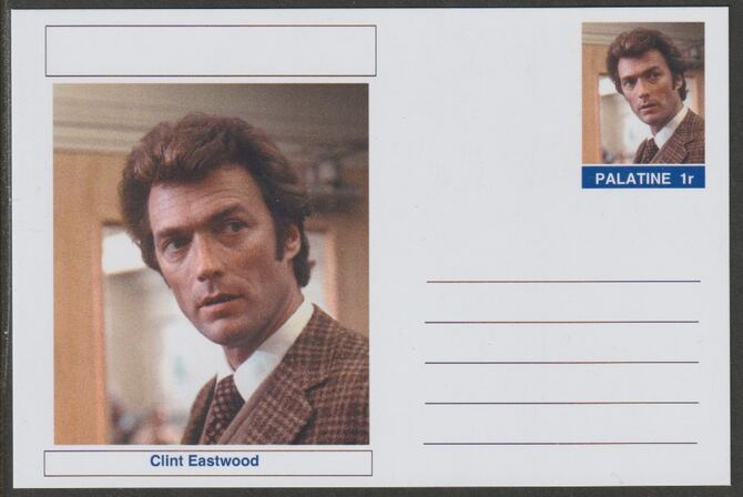 Palatine (Fantasy) Personalities - Clint Eastwood (actor) postal stationery card unused and fine, stamps on , stamps on  stamps on personalities, stamps on  stamps on films, stamps on  stamps on movies, stamps on  stamps on cinema, stamps on  stamps on 