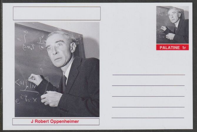 Palatine (Fantasy) Personalities - J Robert Oppenheimer postal stationery card unused and fine, stamps on personalities, stamps on atomics, stamps on science, stamps on physics, stamps on space, stamps on mathematics