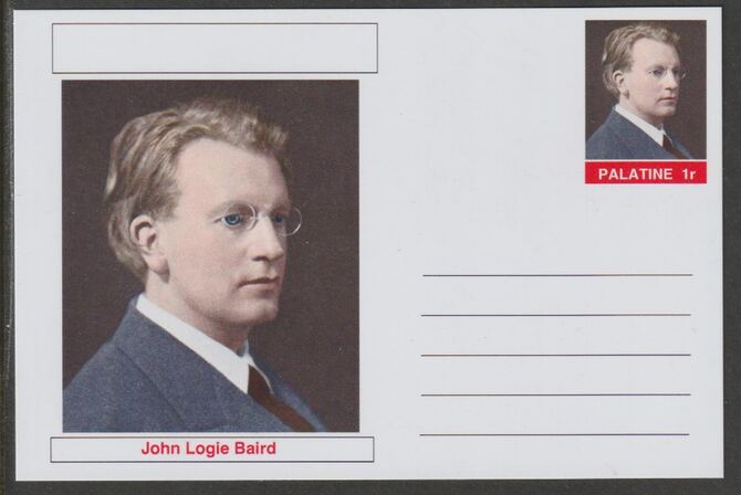 Palatine (Fantasy) Personalities - John Logie Baird postal stationery card unused and fine, stamps on , stamps on  stamps on personalities, stamps on  stamps on science, stamps on  stamps on  tv , stamps on  stamps on , stamps on  stamps on scots, stamps on  stamps on scotland