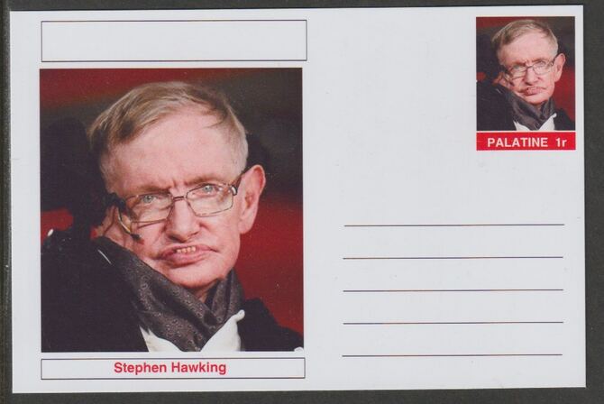 Palatine (Fantasy) Personalities - Stephen Hawking postal stationery card unused and fine, stamps on personalities, stamps on hawking, stamps on science, stamps on physics, stamps on disabled